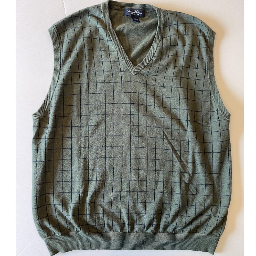 Brooks Brothers Mens Vest XL Green Plaid Pima Cotton‎ V Neck Sleeveless Sweater